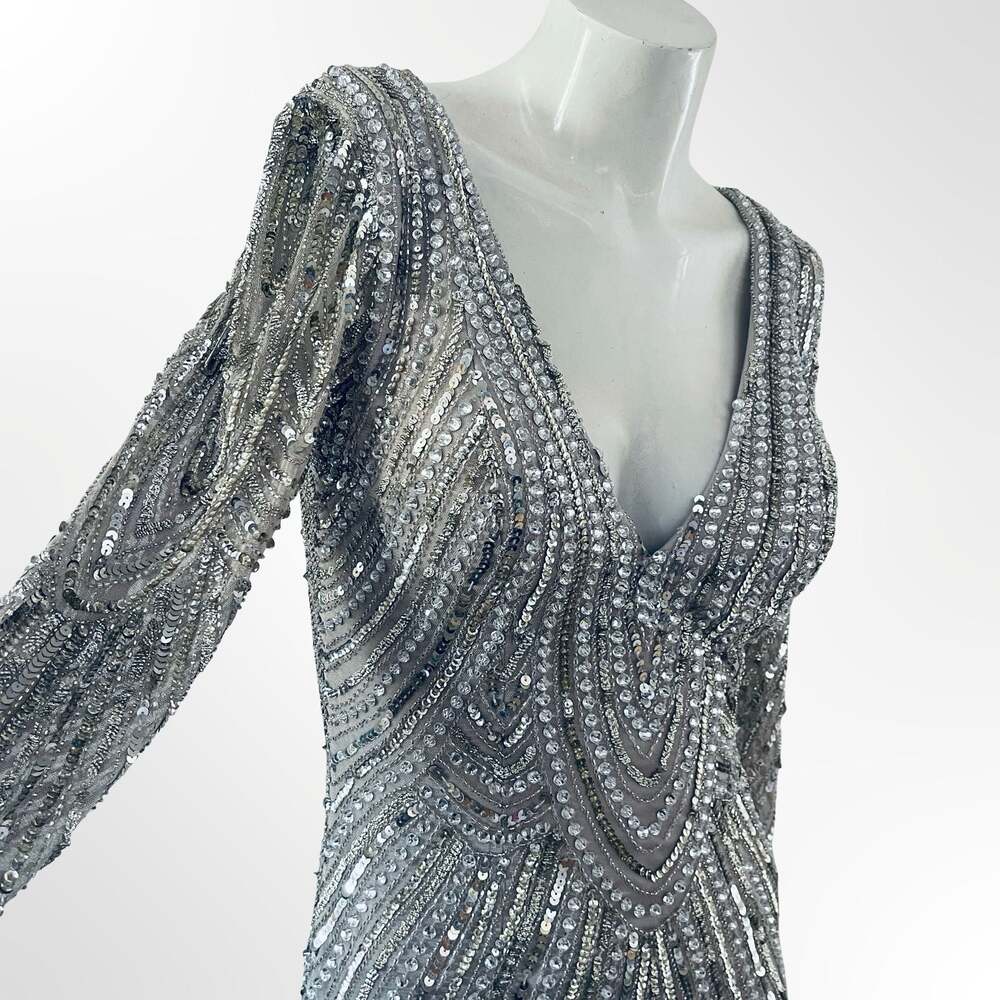 Lara 29615 Long-Sleeve Beaded Cocktail Dress in Silver - Picture 3 of 9